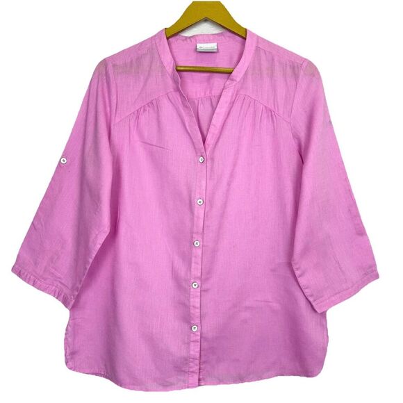 NWOT Columbia Womens Linen Cotton Button Up Shirt Size M Pink 3/4 Sleeve Outdoor - Picture 1 of 9